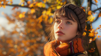 Femme élégante portant un foulard coloré devant un décor automnal tendance pour l’automne 2025